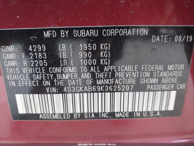 44867205 :رقم المزاد ، 4S3GKAB69K3625207 vin ، 2019 Subaru Impreza 2.0i مزاد بيع