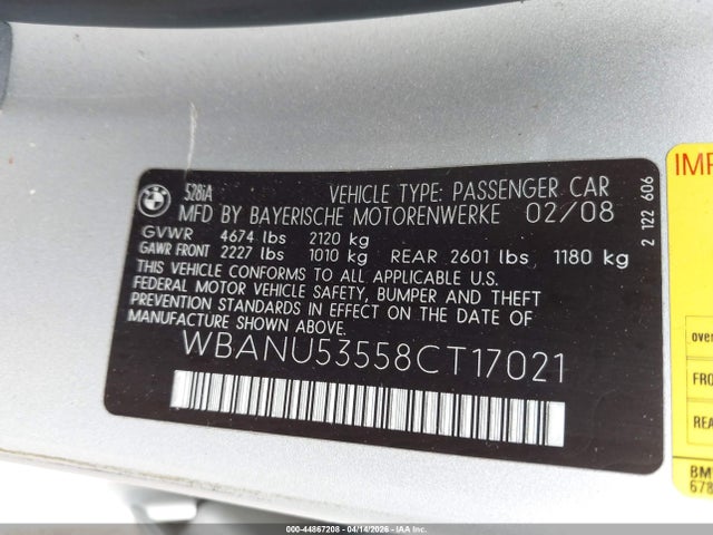 2008 Bmw 528i მანქანა იყიდება აუქციონზე, vin: WBANU53558CT17021, აუქციონის ნომერი: 44867208
