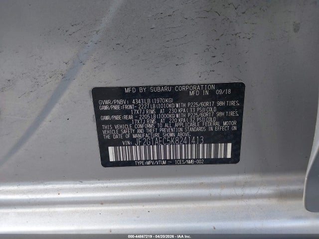 44867219 :رقم المزاد ، JF2GTAEC5K8241413 vin ، 2019 Subaru Crosstrek 2.0i Premium مزاد بيع