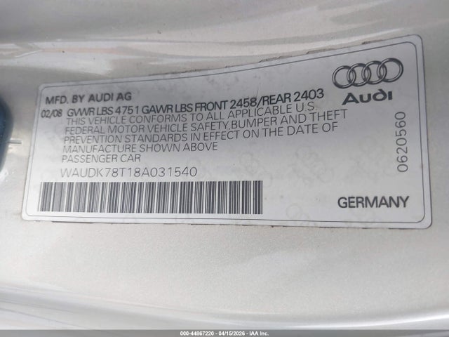 44867220 :رقم المزاد ، WAUDK78T18A031540 vin ، 2008 Audi A5 3.2l مزاد بيع