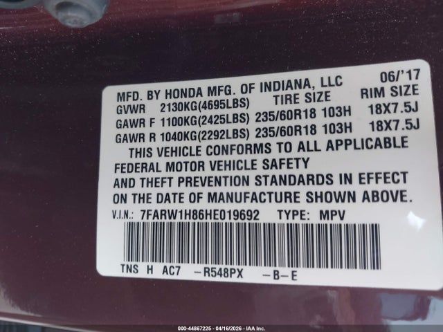 2017 Honda Cr-v Ex-l/ex-l Navi მანქანა იყიდება აუქციონზე, vin: 7FARW1H86HE019692, აუქციონის ნომერი: 44867225