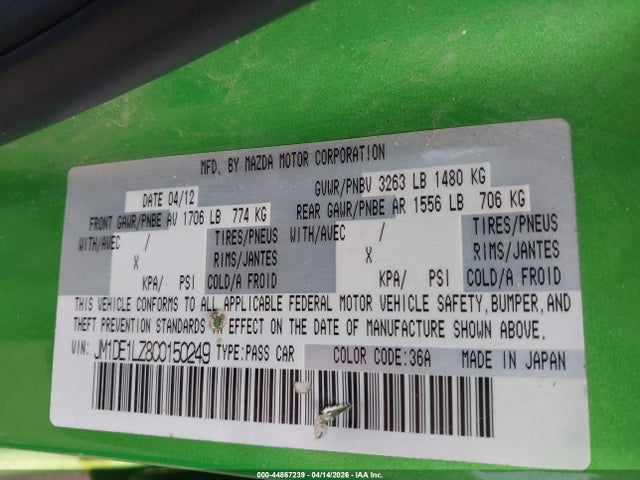44867239 :رقم المزاد ، JM1DE1LZ8C0150249 vin ، 2012 Mazda Mazda2 Touring مزاد بيع
