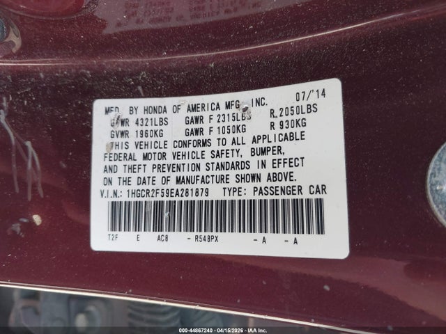 Honda Accord Sport 2014 1HGCR2F59EA281879 Image 9