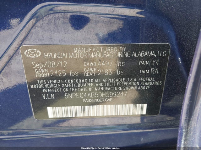 Продажа на аукционе авто 2013 Hyundai Sonata Limited 2.0t, vin: 5NPEC4AB5DH599247, номер лота: 44867241