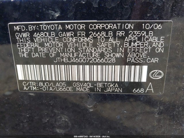 Aukcja sprzedaży 2007 Lexus Es 350, vin: JTHBJ46G072066028, numer aukcji: 44867243