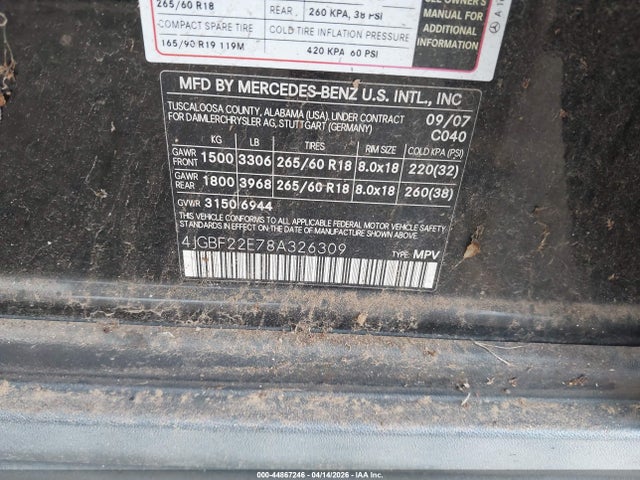 Aukcja sprzedaży 2008 Mercedes-benz Gl 320 Cdi 4matic, vin: 4JGBF22E78A326309, numer aukcji: 44867246