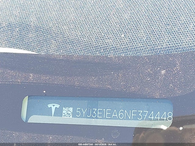 44867248 :رقم المزاد ، 5YJ3E1EA6NF374448 vin ، 2022 Tesla Model 3 Rear-wheel Drive مزاد بيع