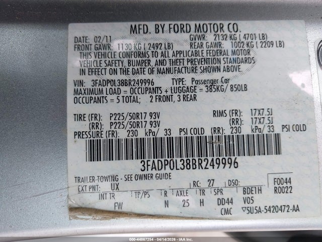 44867254 :رقم المزاد ، 3FADP0L38BR249996 vin ، 2011 Ford Fusion Hybrid مزاد بيع