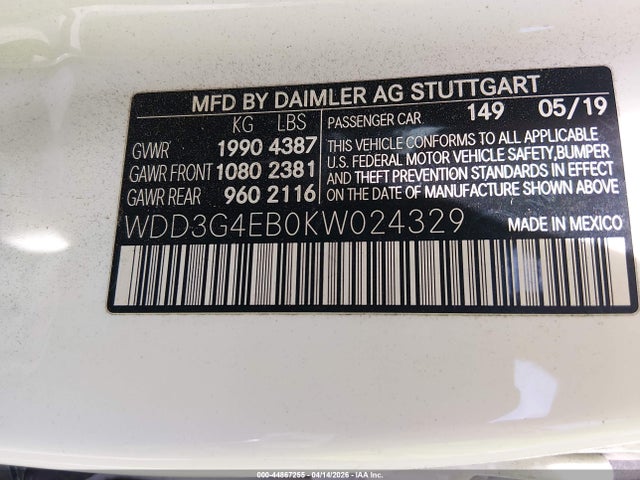 2019 Mercedes-benz A 220 მანქანა იყიდება აუქციონზე, vin: WDD3G4EB0KW024329, აუქციონის ნომერი: 44867255