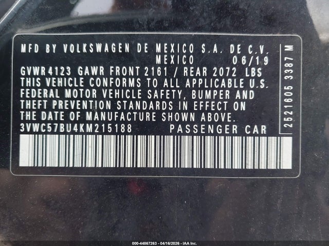 Продажа на аукционе авто 2019 Volkswagen Jetta, vin: 3VWC57BU4KM215188, номер лота: 44867263