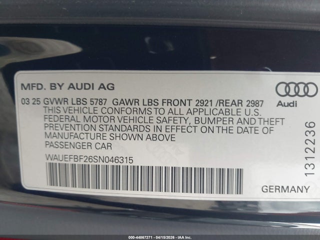 44867271 :رقم المزاد ، WAUEFBF26SN046315 vin ، 2025 Audi S6 Premium Plus Tfsi Quattro Tiptronic مزاد بيع
