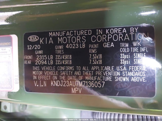 Aukcja sprzedaży 2021 Kia Soul X-line, vin: KNDJ23AU7M7136057, numer aukcji: 44867275