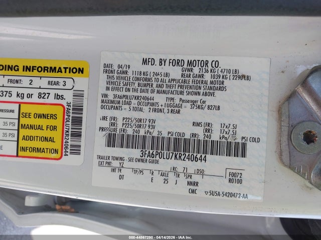 44867290 :رقم المزاد ، 3FA6P0LU7KR240644 vin ، 2019 Ford Fusion Hybrid Se مزاد بيع