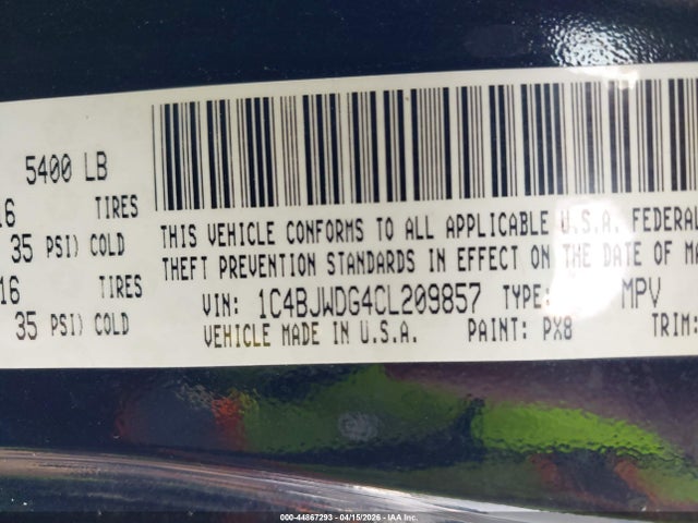 44867293 :رقم المزاد ، 1C4BJWDG4CL209857 vin ، 2012 Jeep Wrangler Unlimited Sport مزاد بيع