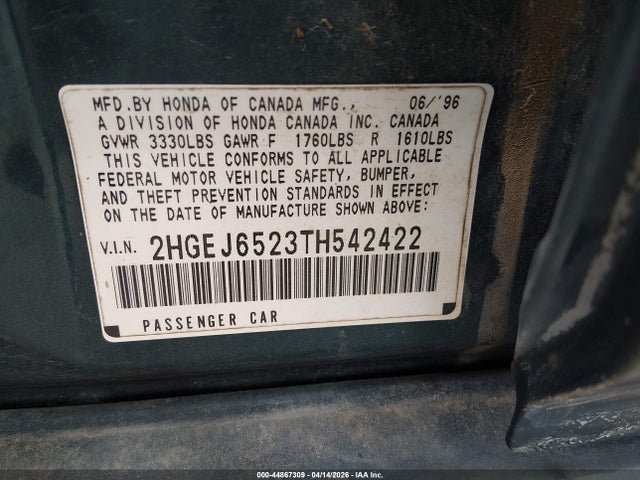 Aukcja sprzedaży 1996 Honda Civic Dx, vin: 2HGEJ6523TH542422, numer aukcji: 44867309