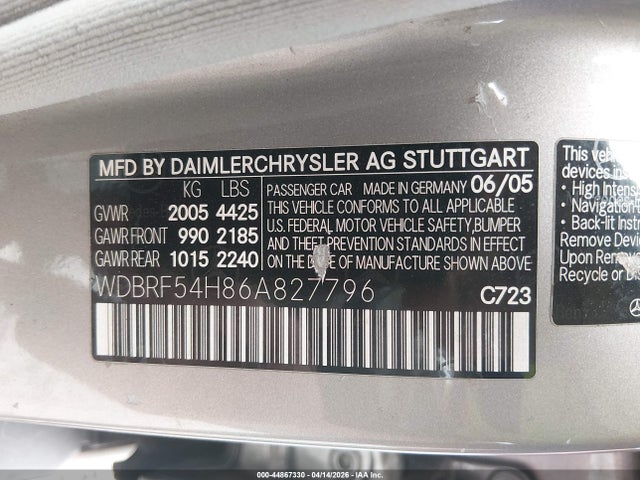 Продажа на аукционе авто 2006 Mercedes-benz C 280 Luxury, vin: WDBRF54H86A827796, номер лота: 44867330