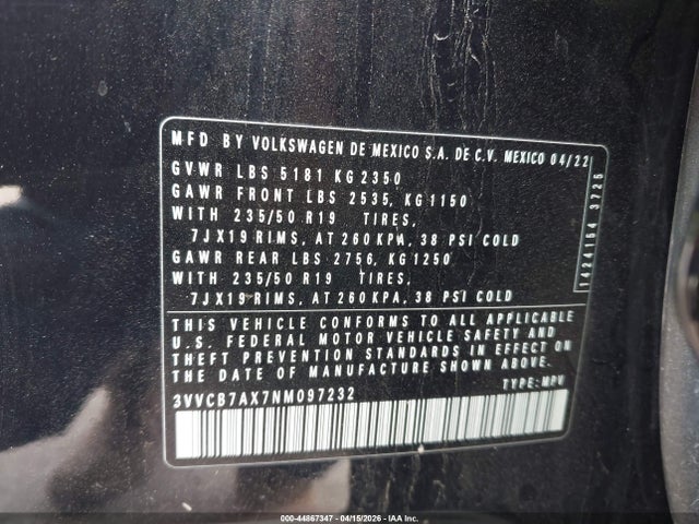 44867347 :رقم المزاد ، 3VVCB7AX7NM097232 vin ، 2022 Volkswagen Tiguan 2.0t Se R-line Black مزاد بيع