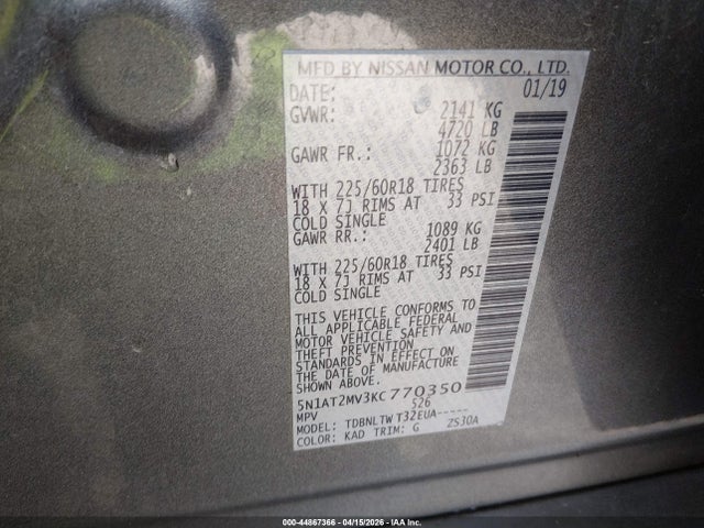 44867366 :رقم المزاد ، 5N1AT2MV3KC770350 vin ، 2019 Nissan Rogue Sv مزاد بيع