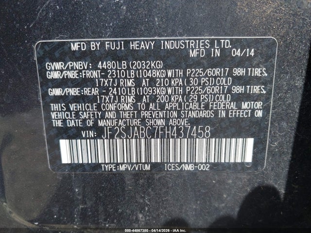 2015 Subaru Forester 2.5i მანქანა იყიდება აუქციონზე, vin: JF2SJABC7FH437458, აუქციონის ნომერი: 44867380