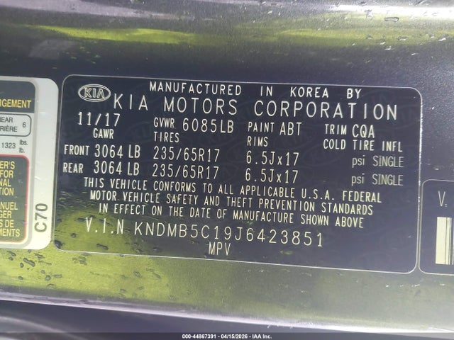 44867391 :رقم المزاد ، KNDMB5C19J6423851 vin ، 2018 Kia Sedona Lx مزاد بيع