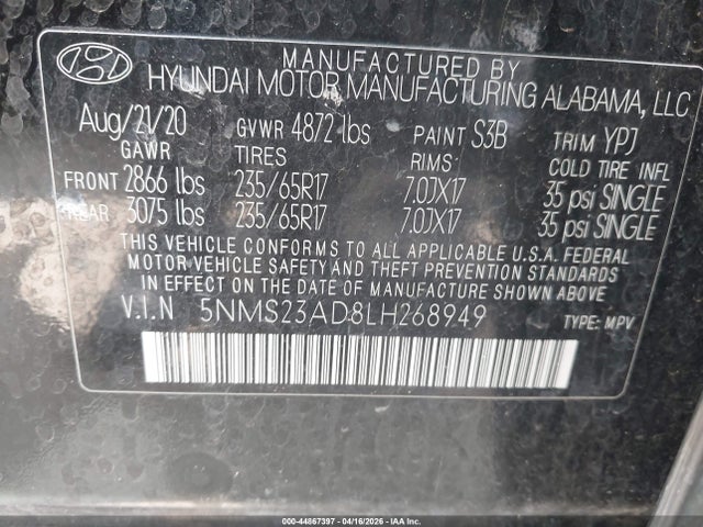 2020 Hyundai Santa Fe Se მანქანა იყიდება აუქციონზე, vin: 5NMS23AD8LH268949, აუქციონის ნომერი: 44867397