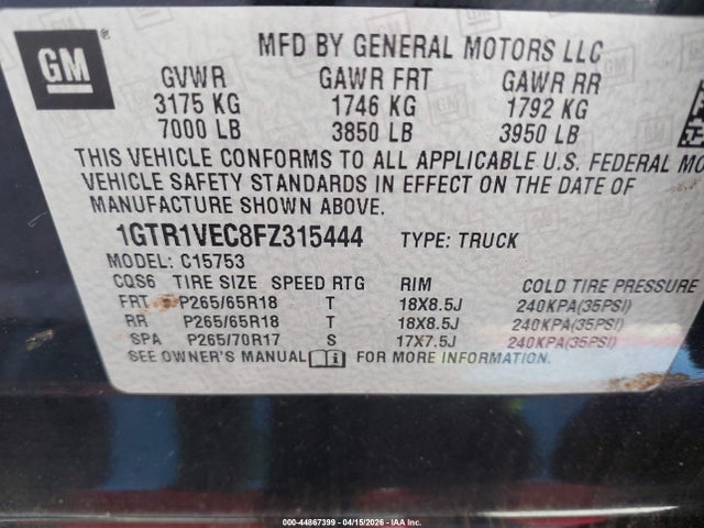 44867399 :رقم المزاد ، 1GTR1VEC8FZ315444 vin ، 2015 Gmc Sierra 1500 Slt مزاد بيع