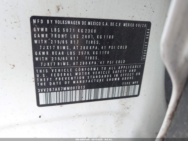 Aukcja sprzedaży 2021 Volkswagen Tiguan 2.0t Se/2.0t Se R-line Black/2.0t Sel, vin: 3VV2B7AX7MM001013, numer aukcji: 44867400