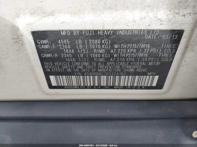 Aukcja sprzedaży 2013 Subaru Outback 2.5i, vin: 4S4BRBAC7D3324162, numer aukcji: 44867401