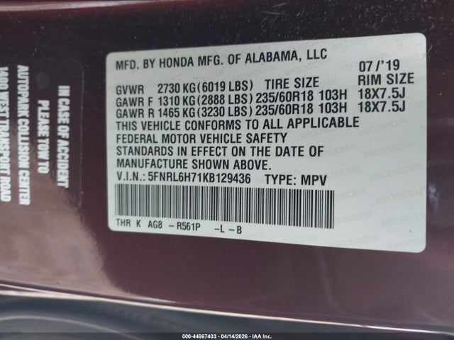 44867403 :رقم المزاد ، 5FNRL6H71KB129436 vin ، 2019 Honda Odyssey Ex-l مزاد بيع
