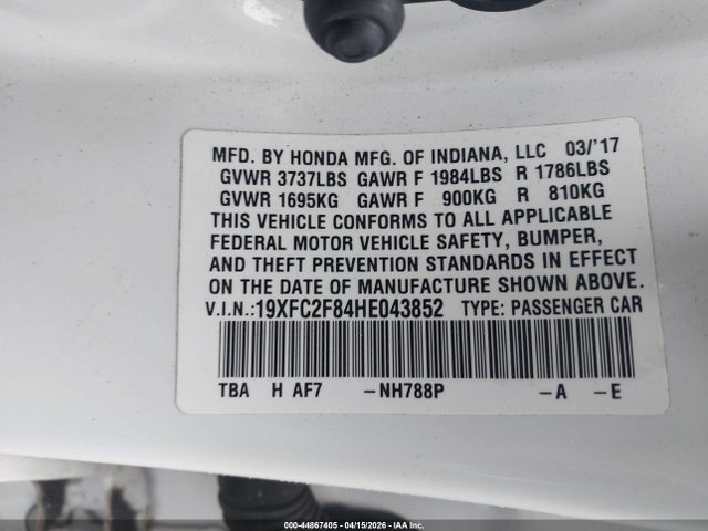 44867405 :رقم المزاد ، 19XFC2F84HE043852 vin ، 2017 Honda Civic Ex مزاد بيع