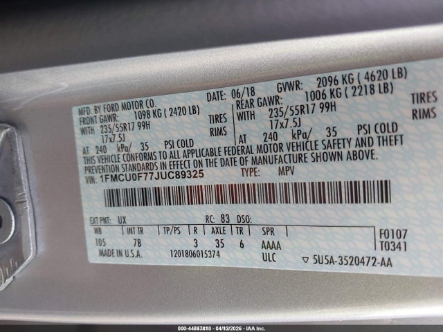 2018 FORD ESCAPE 1FMCU0F77JUC89325 Photo 8