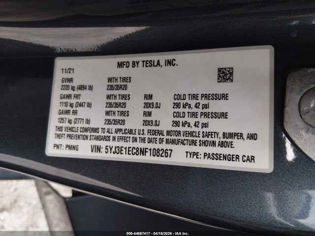 Aukcja sprzedaży 2022 Tesla Model 3 Performance Dual Motor All-wheel Drive, vin: 5YJ3E1EC8NF108267, numer aukcji: 44867417