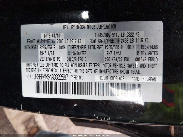 44867427 :رقم المزاد ، JM3ER4W34A0322587 vin ، 2010 Mazda Cx-7 S Grand Touring مزاد بيع