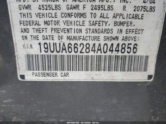 Aukcja sprzedaży 2004 Acura Tl, vin: 19UUA66284A044856, numer aukcji: 44867440