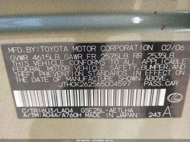Aukcja sprzedaży 2006 Lexus Is 250, vin: JTHCK262565004597, numer aukcji: 44867461