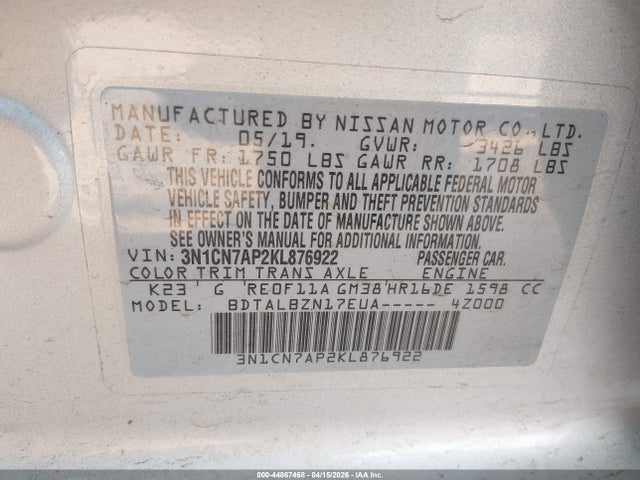 44867468 :رقم المزاد ، 3N1CN7AP2KL876922 vin ، 2019 Nissan Versa 1.6 Sv مزاد بيع