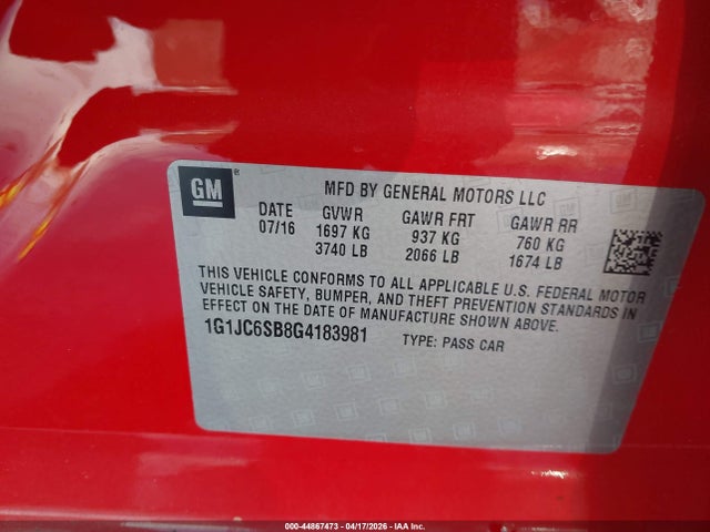 2016 Chevrolet Sonic Lt Auto მანქანა იყიდება აუქციონზე, vin: 1G1JC6SB8G4183981, აუქციონის ნომერი: 44867473