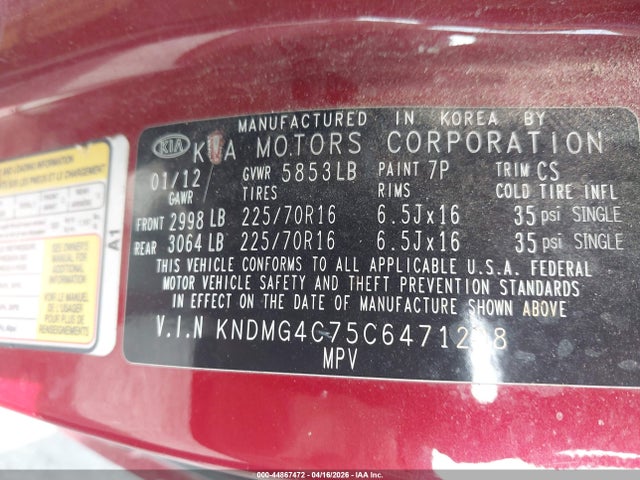 Aukcja sprzedaży 2012 Kia Sedona Lx, vin: KNDMG4C75C6471298, numer aukcji: 44867472