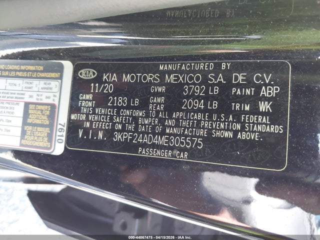 44867475 :رقم المزاد ، 3KPF24AD4ME305575 vin ، 2021 Kia Forte Lxs مزاد بيع