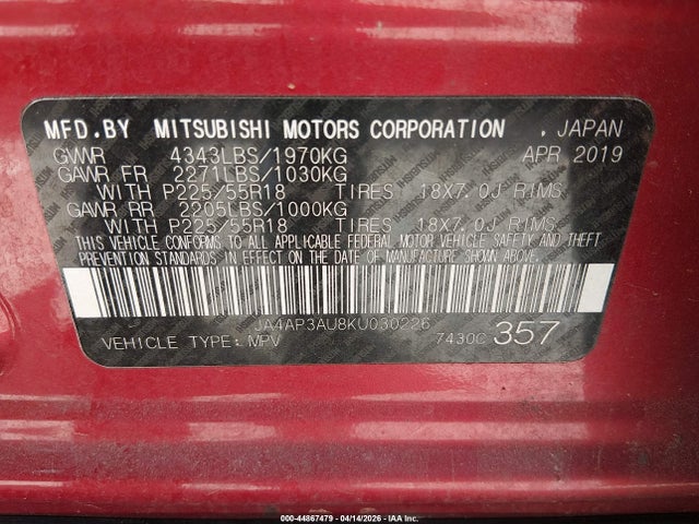 Aukcja sprzedaży 2019 Mitsubishi Outlander Sport 2.0 Es, vin: JA4AP3AU8KU030226, numer aukcji: 44867479