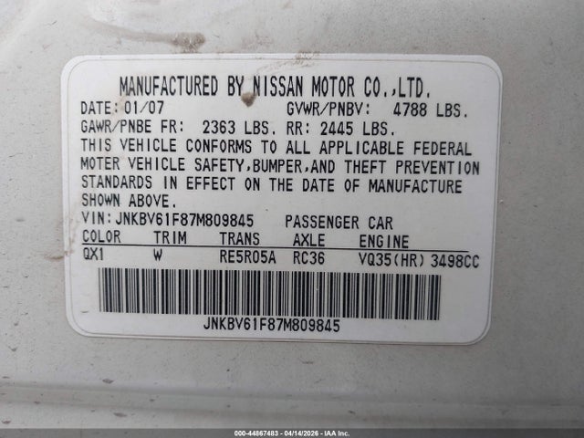 Продажа на аукционе авто 2007 Infiniti G35x, vin: JNKBV61F87M809845, номер лота: 44867483