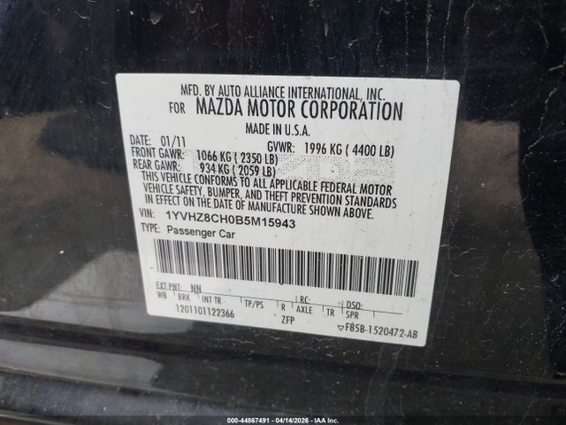 44867491 :رقم المزاد ، 1YVHZ8CH0B5M15943 vin ، 2011 Mazda Mazda6 I Touring مزاد بيع