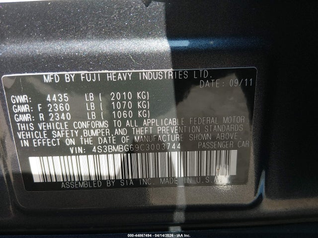 Продажа на аукционе авто 2012 Subaru Legacy 2.5i Premium, vin: 4S3BMBG69C3003744, номер лота: 44867494