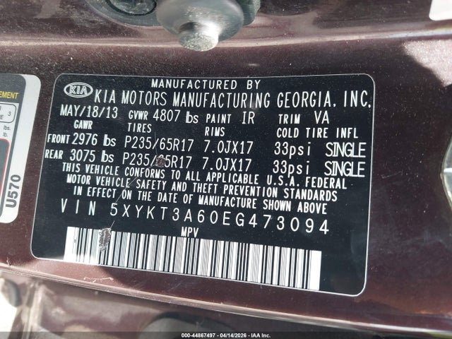 KIA SORENTO LX 2014 5XYKT3A60EG473094 Image 9