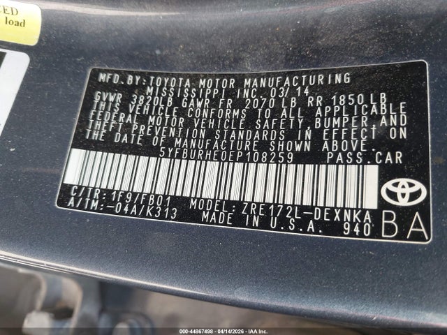 Aukcja sprzedaży 2014 Toyota Corolla Le, vin: 5YFBURHE0EP108259, numer aukcji: 44867498