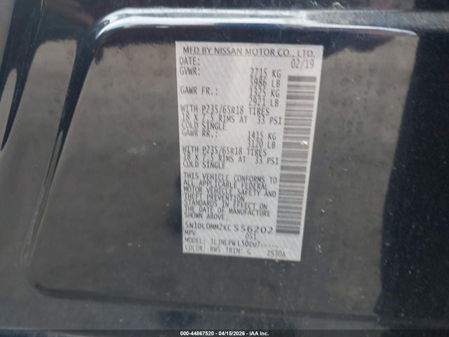 44867520 :رقم المزاد ، 5N1DL0MM2KC556202 vin ، 2019 Infiniti Qx60 Pure مزاد بيع