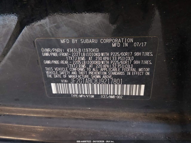 44867522 :رقم المزاد ، JF2GTABC8J9217801 vin ، 2018 Subaru Crosstrek 2.0i Premium مزاد بيع