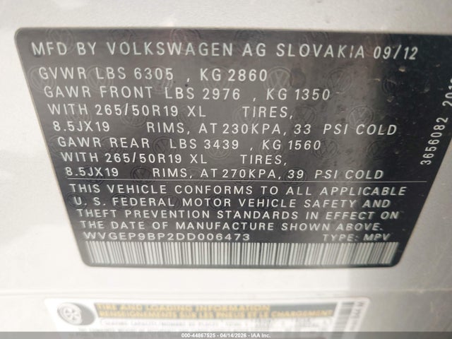 Продаж на аукціоні авто 2013 Volkswagen Touareg Tdi Lux, vin: WVGEP9BP2DD006473, номер лоту: 44867525