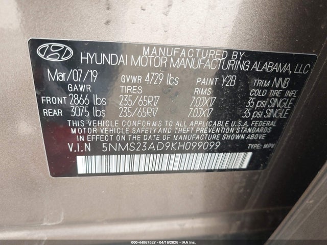 2019 Hyundai Santa Fe Se მანქანა იყიდება აუქციონზე, vin: 5NMS23AD9KH099099, აუქციონის ნომერი: 44867527