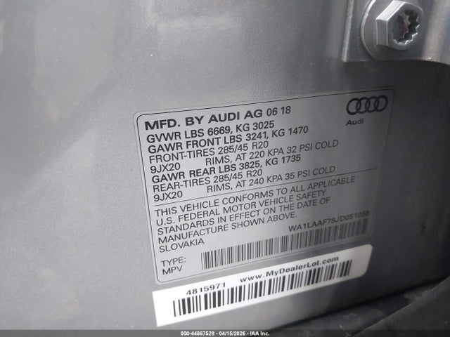 Продаж на аукціоні авто 2018 Audi Q7 3.0t Premium, vin: WA1LAAF78JD051058, номер лоту: 44867528